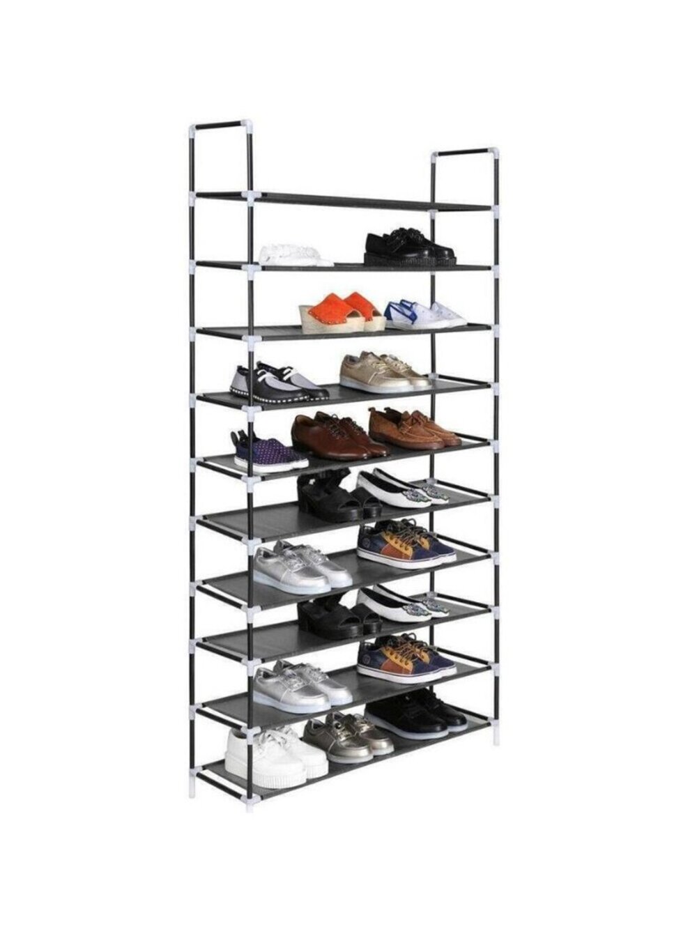 10-Tier Large Shoe Rack with Dustproof Cover & Side Handles Fits 30 Pairs Black